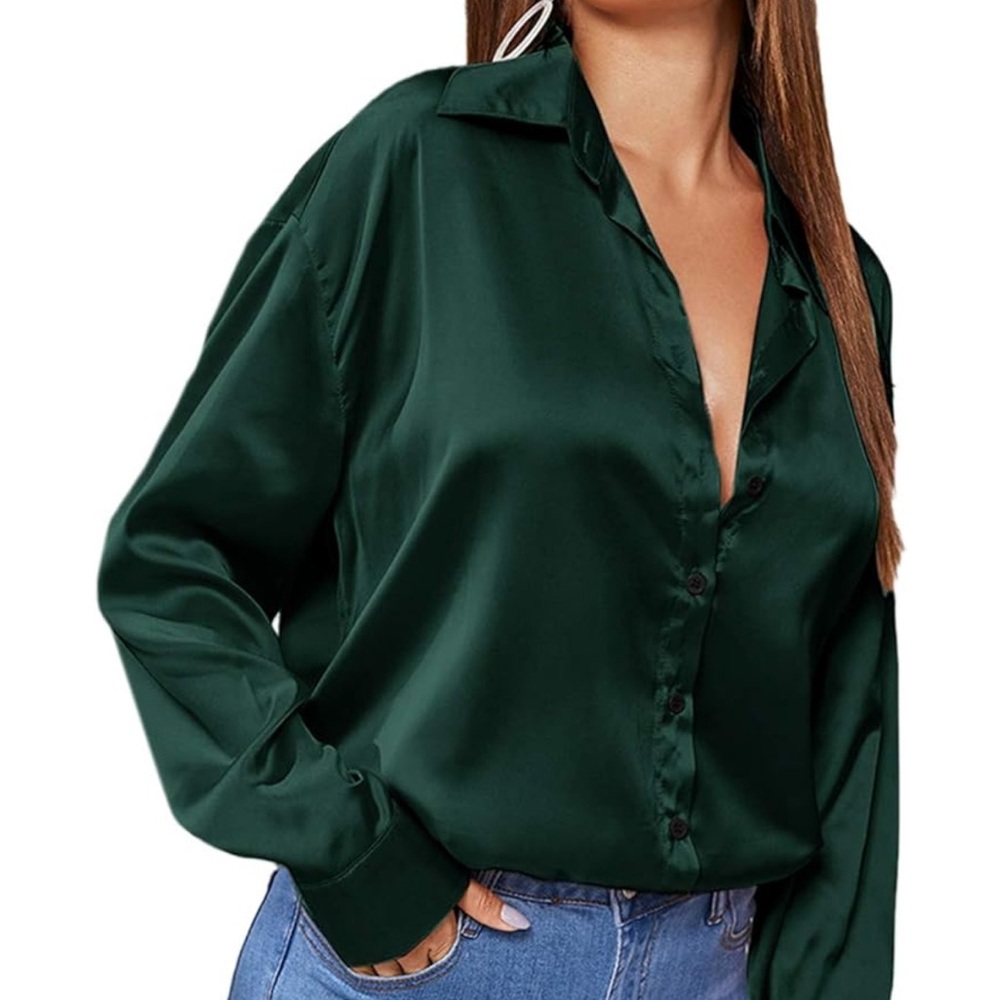 Green Satin button down casual top Blouse